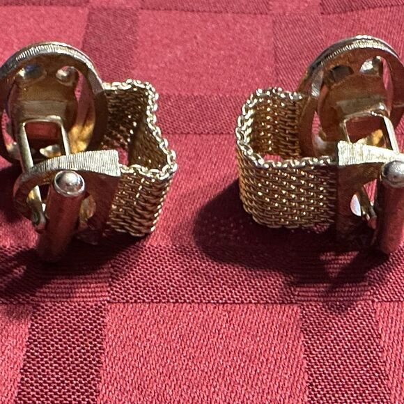 Vintage Mesh Wrap Around Gold Tone Cuff Links Blue Stone - Picture 4 of 7